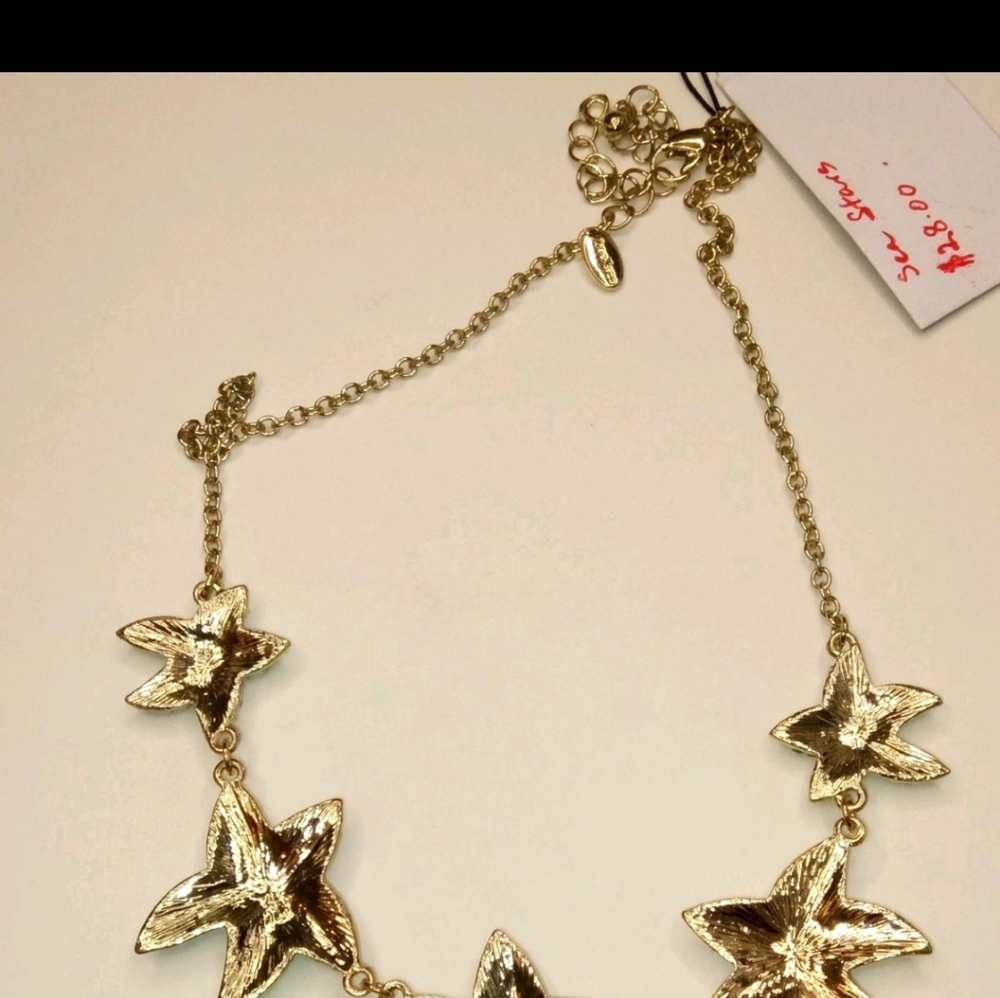 Traci Lynn"Sea Stars"Rhinestone Studded StarFish GoldTone Statement Necklace - Picture 3 of 9